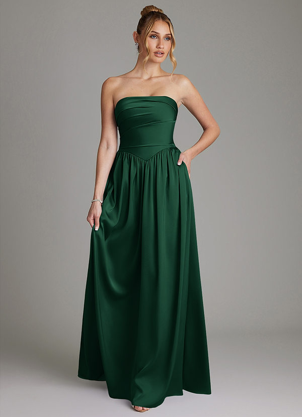 Azazie Zena Bridesmaid Dresses Dark Green A-Line Strapless Stretch Satin Dress image1