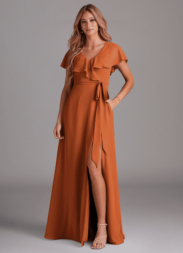 Azazie Lainey Bridesmaid Dresses Cinnamon A-Line with Pockets Chiffon Dress image1