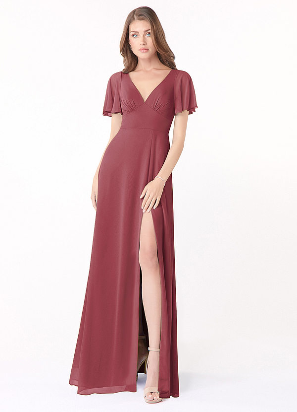 Azazie Kimber Bridesmaid Dresses Merlot A-Line Flounce Sleeve Chiffon Dress image1