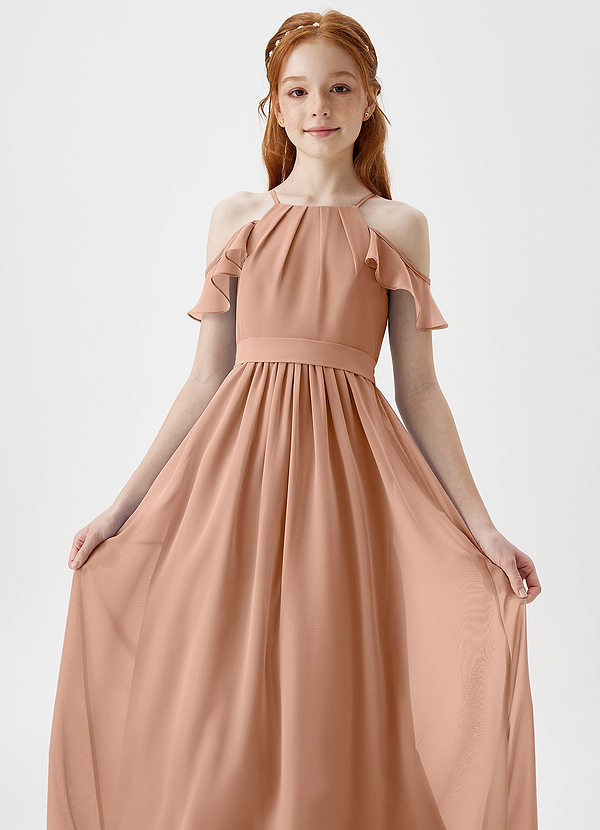 Azazie Chaya Junior Champagne Rose A-Line Off the Shoulder Chiffon Dress image1