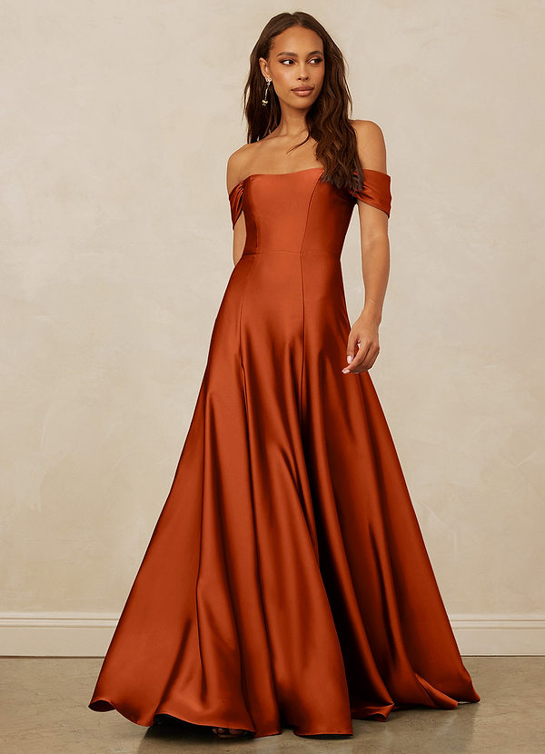 Christian Siriano Bridal for Azazie 1002 Robes Demoiselle d'honneur Robe Trapèze Convertible en Satin extensible Épaule décolletée Paprika image1