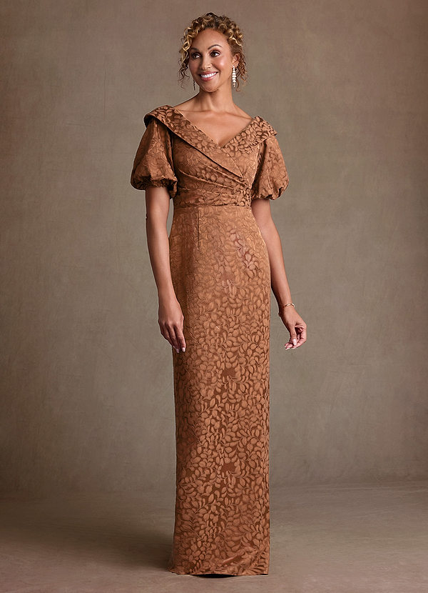 Azazie Amala Caramel Cocoa Column Pleated Floral Jacquard Dress