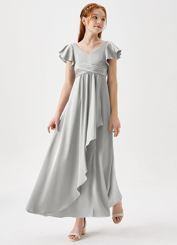 Azazie Omari Junior Silver A-Line Pleated Stretch Satin Dress image1