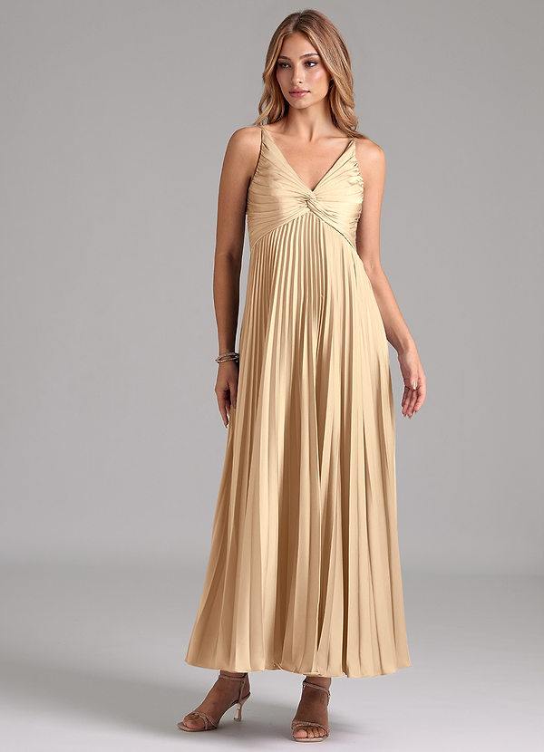 Azazie Raychelle Bridesmaid Dresses Champagne A-Line Pleated Stretch Satin Dress image1