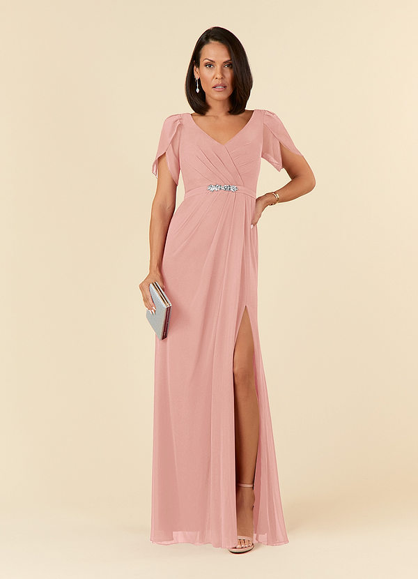 Azazie Marianne Brautmutterkleider Etui V-Hals Gefaltet Chiffon Kleid Rosettenrosa image1