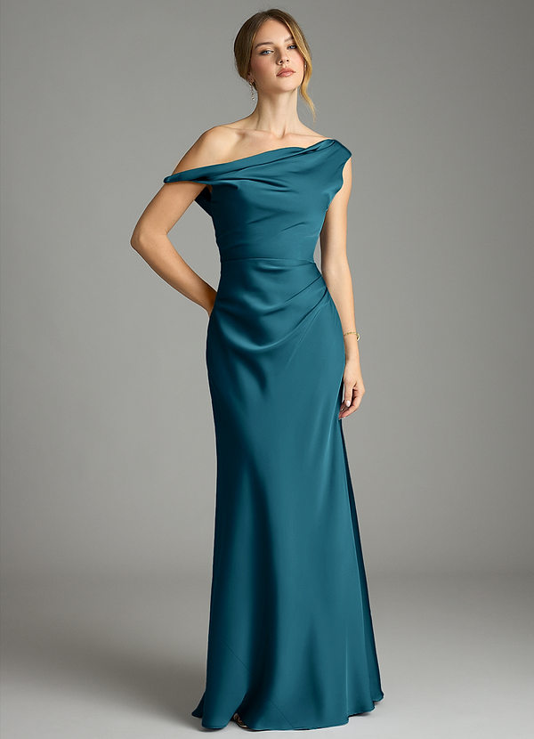 Azazie Emerson Bruidsmeisjesjurken Jurk van Stretch Satijn met Zeemeermin Off-shoulder Inkt Blauw image1