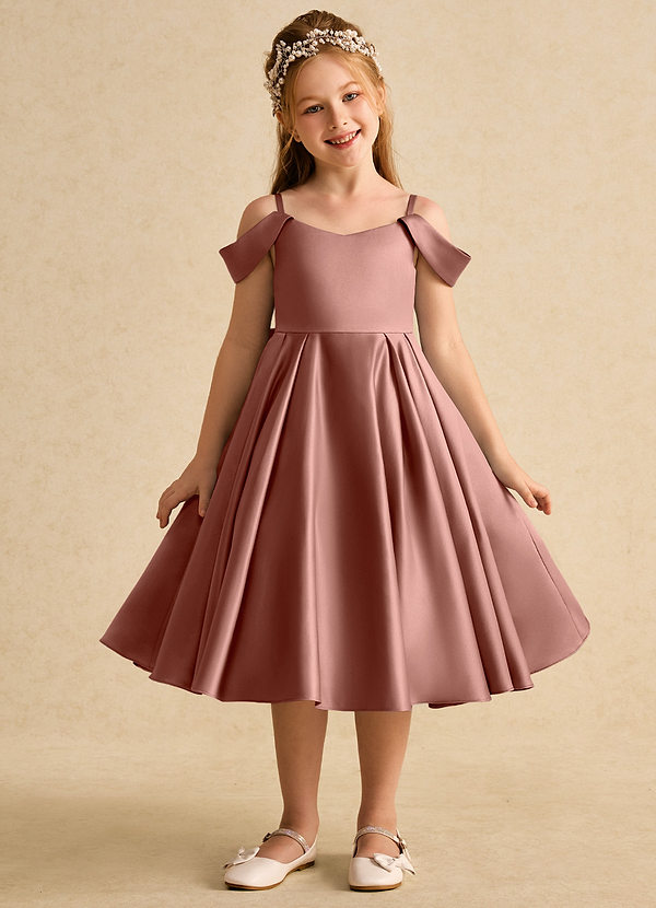 Azazie Favia Robes de Fillette d'Honneur Robe Trapèze en Mat Satiné Épaule décolletée Rose De Cèdre image1