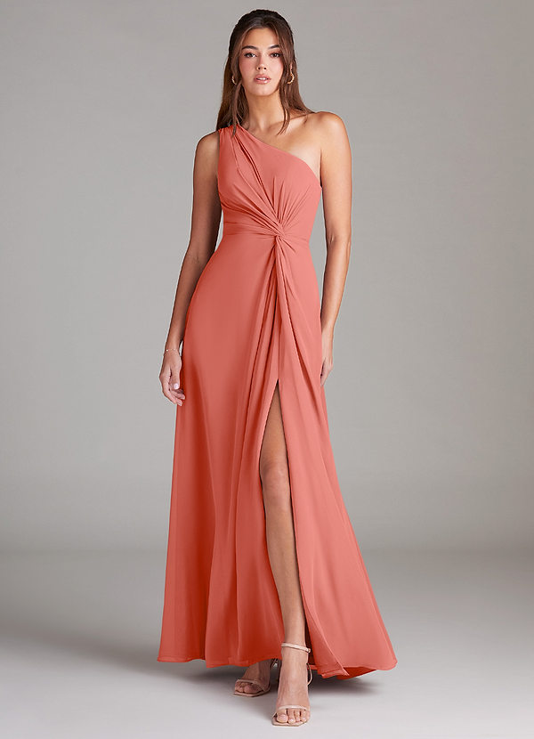 Azazie Brooke Bridesmaid Dresses Salmon Pink A-Line One Shoulder Chiffon Dress image1