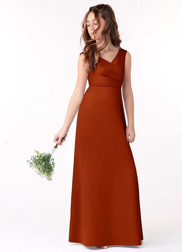 Azazie Sadia Junior Paprika A-Line Pleated Stretch Satin Dress image1