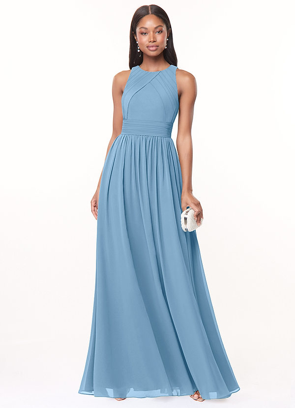 Azazie Harper Abiti da Damigella Abito A-Line in Chiffon Plissettato Blu Acciaio image1