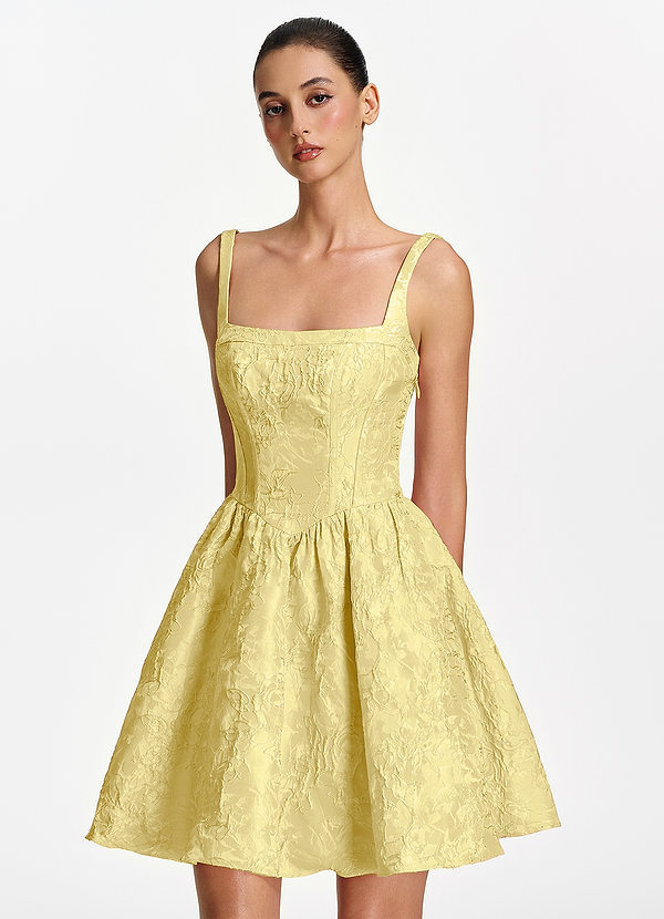 Lionelle Yellow Square Neck Jacquard Corset Lace-Up Mini Dress image1