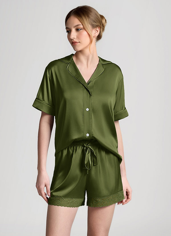 front Oliva Conjunto de pijama de manga corta con ribete de encaje satinado