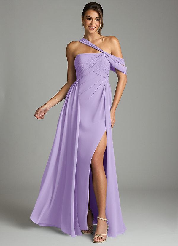 Azazie Kassandra 신부 들러리 드레스 A라인 오프 더 숄더 쉬폰 바닥 길이 드레스 image1