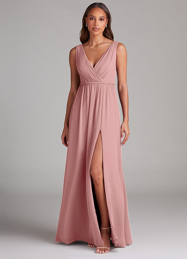 Azazie Tanicia Robes Demoiselle d'honneur Robe Trapèze en Mousseline de soie Plissée Rose Poussiéreuse image1