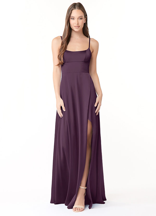 Azazie Halsey Robes Demoiselle d'honneur Robe Fourreau en Satin extensible Fente Latérale Prune image1