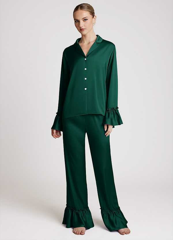 front Emerald Lightweight Satin Ruffle Pajama Set