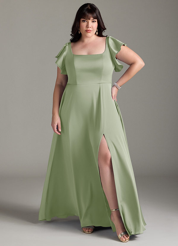 Azazie Bondi Bridesmaid Dresses Dusty Sage A-Line Bow Stretch Satin Dress image1