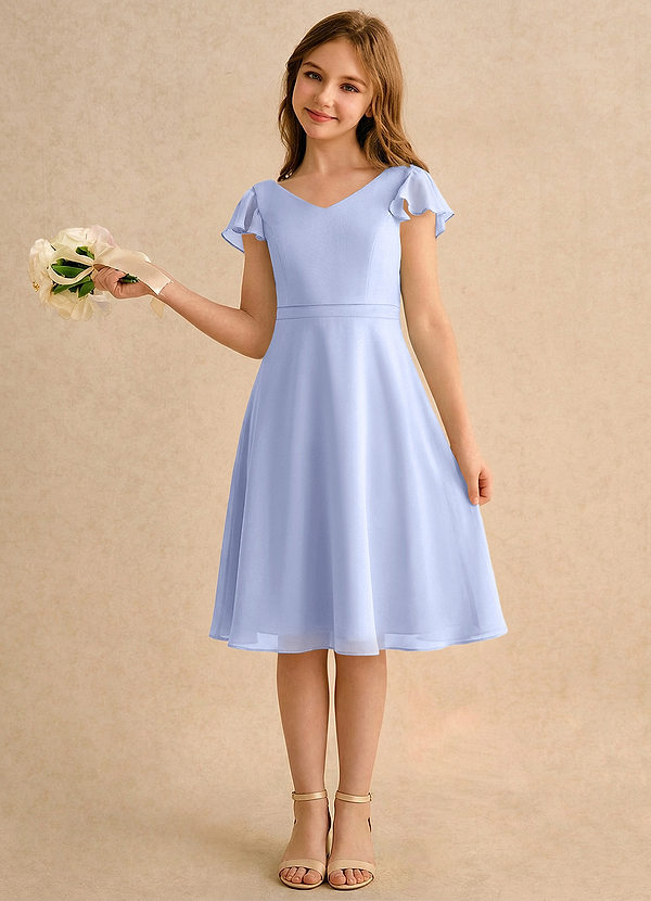 Azazie Narin Girls Formal Sukienki dla dziewczynek sypiących kwiaty Linia A z rękawami Szyfon Długość do kolan Sukienka image1