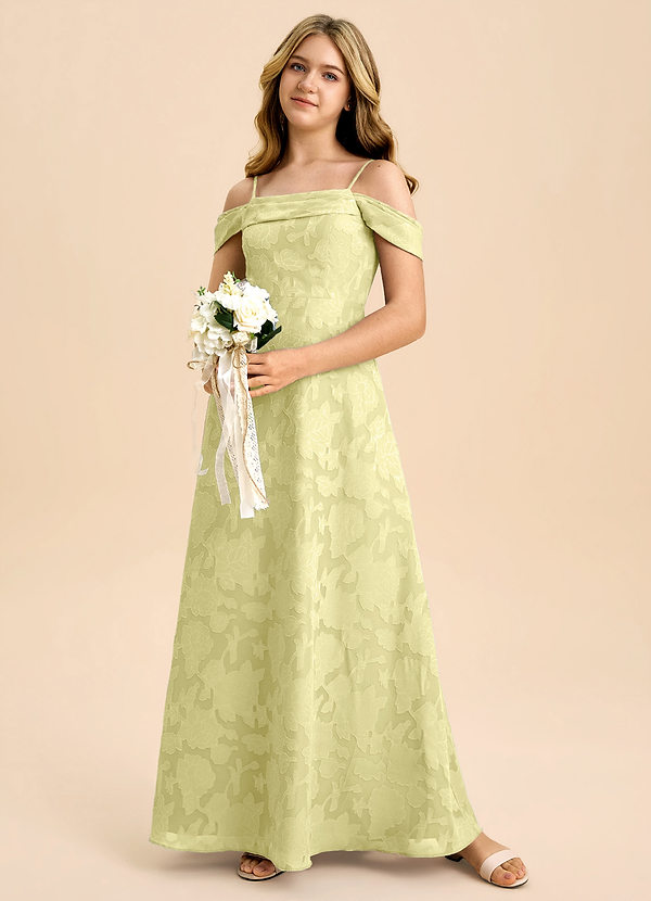 Azazie Anselie Junior Lemon Sorbet A-Line Off the Shoulder Floral Burnout Dress image1