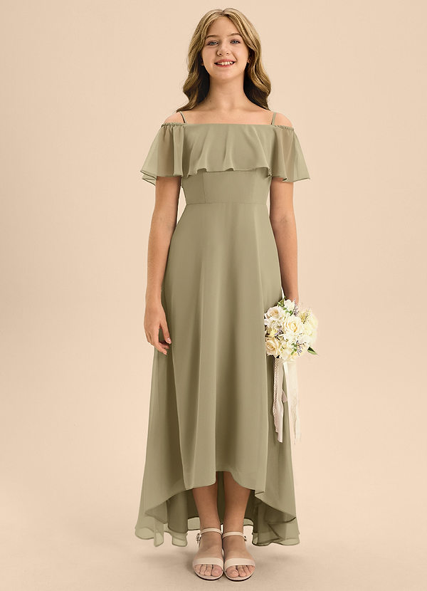 Azazie Maggie Junior A-Linie Schulterfrei Chiffon Kleid Moosgrün image1