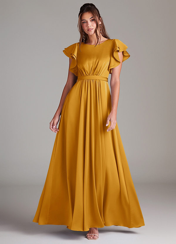 Azazie Daphne Modest Bridesmaid Dresses A-Line Ruched Stretch Satin Floor-Length Dress image1