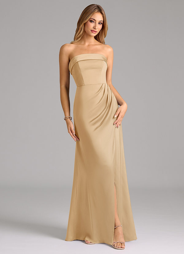 Azazie Aretha Bruidsmeisjes Jurken Converteerbaar Jurk van Stretch Satijn met A-Lijn Strapless Goud image1