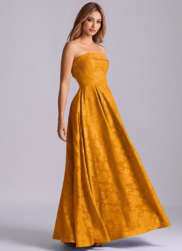 Azazie Lucienne Bridesmaid Dresses Butterscotch A-Line Strapless Floral Burnout Dress image1