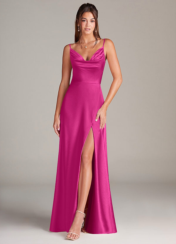 Azazie Sarella Robes Demoiselle d'honneur Robe Trapèze en Satin extensible Plissée Fuchsia image1
