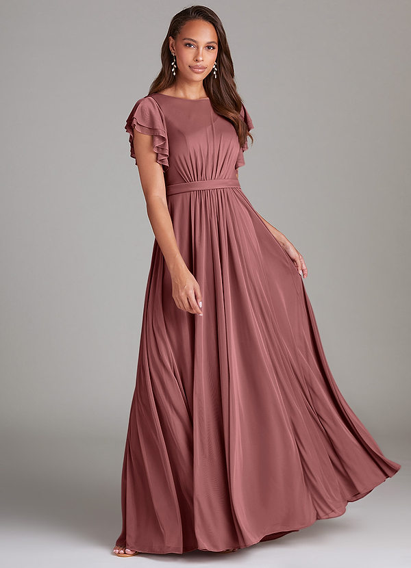 Azazie Daphne Modest Bridesmaid Dresses A-Line Ruched Mesh Floor-Length Dress image1