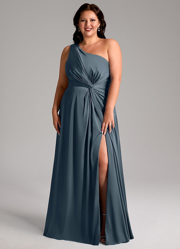 Azazie Brooke Vestidos Dama de Honor Vestido de Crepúsculo de Satén Elástico de Corte en A con Hombro unilateral image1