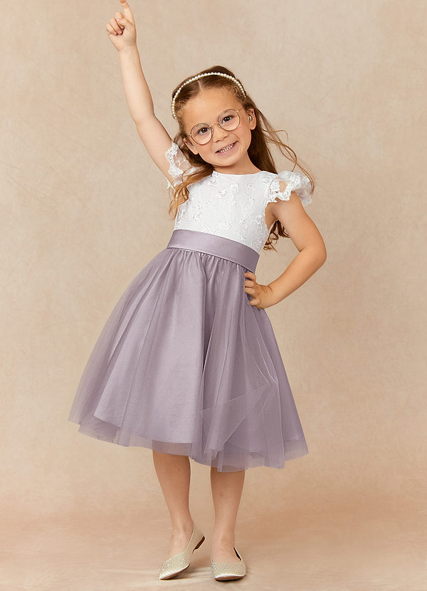 Azazie Vetty Flower Girl Dresses Ivory Dusk A-Line Lace Tulle Dress image1