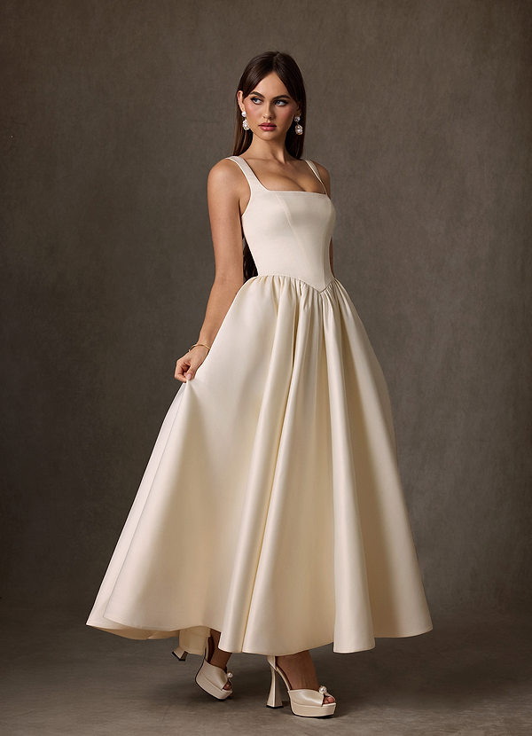Azazie Verina Wedding Dresses Champagne A-Line with Pockets Satin Dress image1