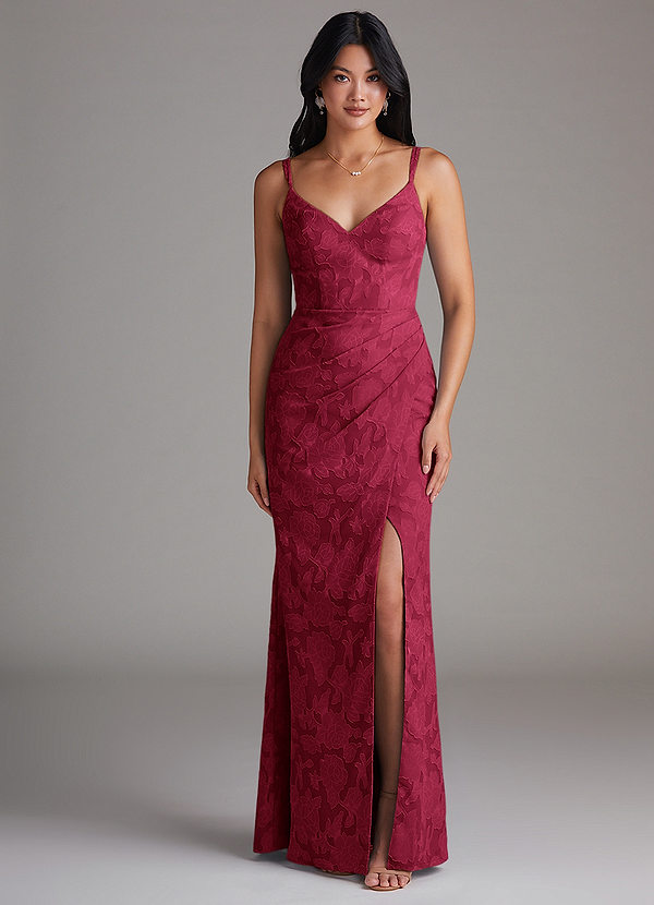 Azazie Leo Bridesmaid Dresses Burgundy Sheath Pleated Floral Burnout Dress image1