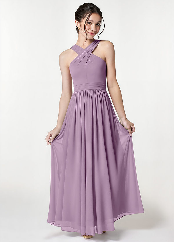 Azazie Jiya Junior A-Linie Plissee Gittergewebe Kleid Blauregen image1