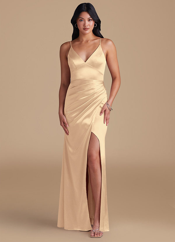 Azazie Shania Bridesmaid Dresses Gold Sheath Pleated Metallic Satin Dress image1