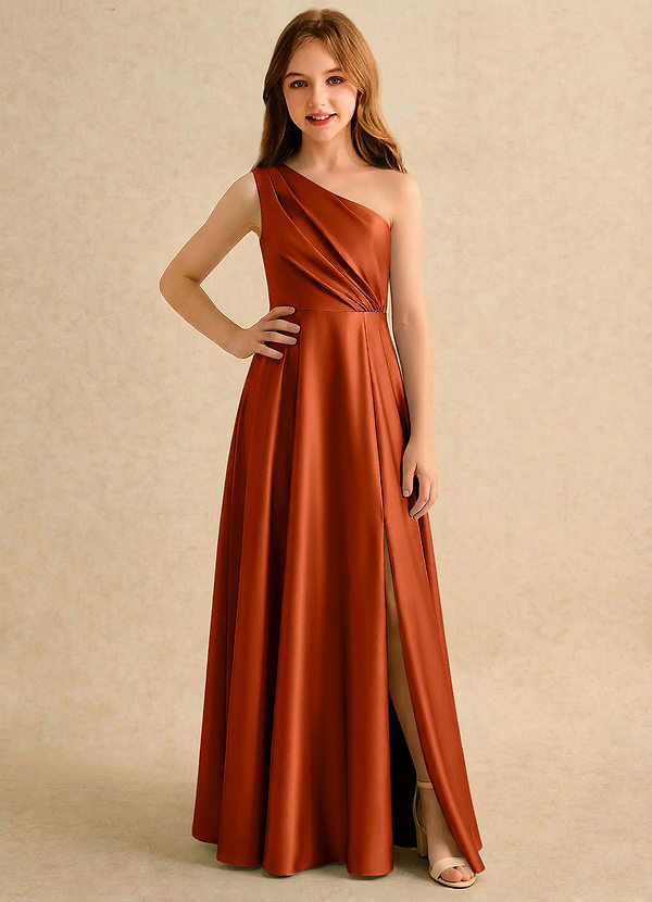 Azazie Puddles Girls Formal Robes de Fillette d'Honneur Robe Trapèze en Satin extensible Une épaule Paprika image1