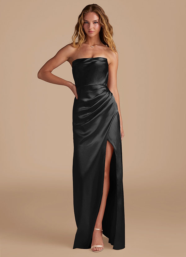 Azazie Leonis Bridesmaid Dresses Black Mermaid Pleated Metallic Satin Convertible Dress image1