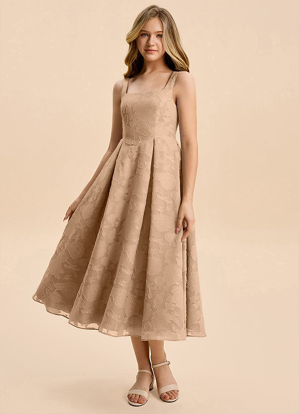 Azazie Amalie Junior Champagne A-Line Ruched Floral Burnout Dress image1