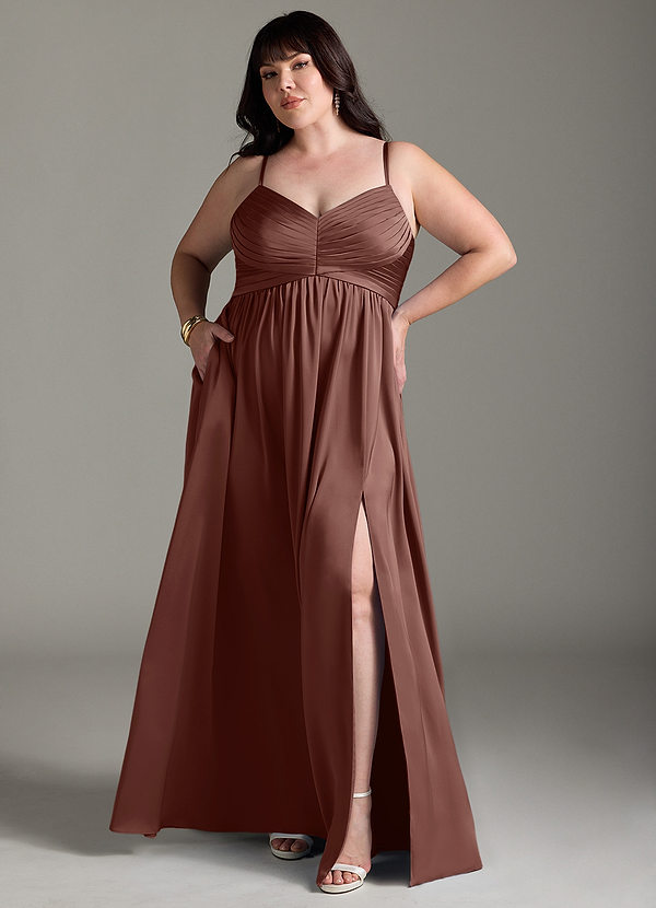 Azazie Alia Bridesmaid Dresses Espresso A-Line Pleated Stretch Satin Dress image1