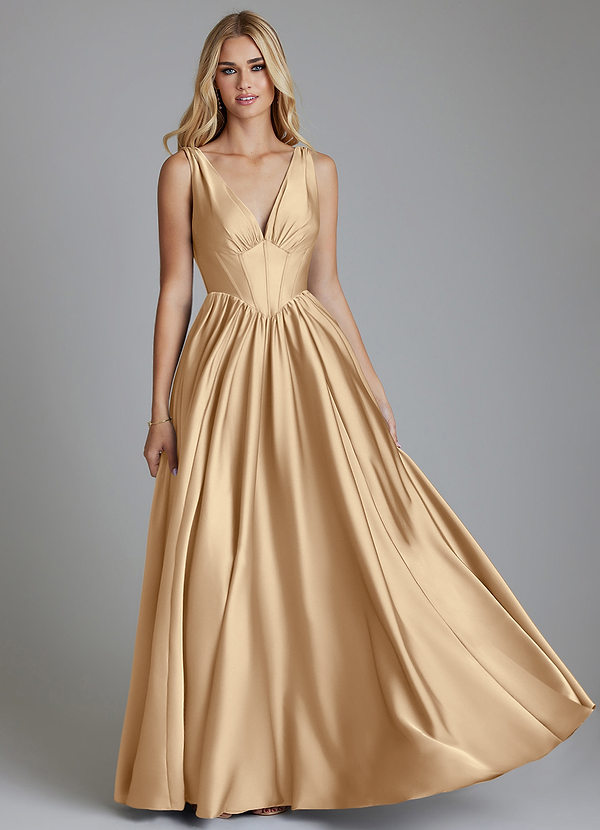 Azazie Delmie Vestidos Dama de Honor Vestido de Champán de Satén Elástico de Corte en A con Corsé image1
