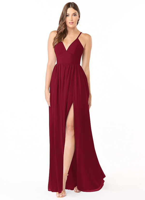 Vestidos de dama de honor de chiffon con mangas cap y abertura Borgoña