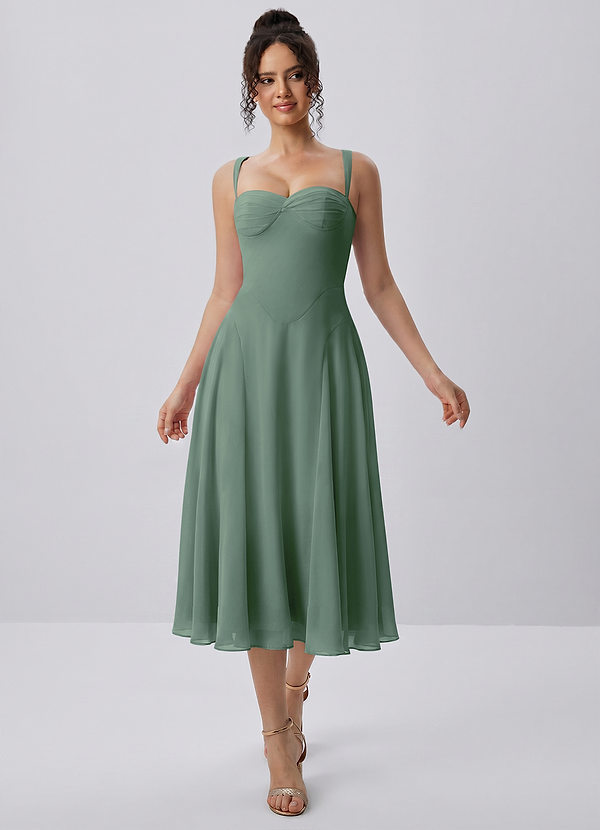 Huguette Eucalipto Abito midi in chiffon con scollo a cuore e allacciatura a pizzo image1