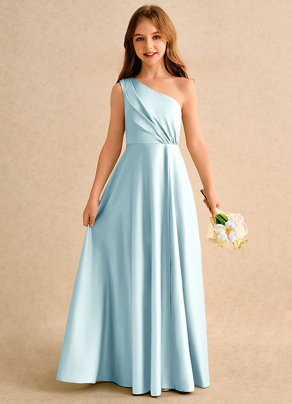Azazie Puddles Girls Formal Flower Girl Dresses Sea Glass A-Line One Shoulder Matte Satin Dress image1