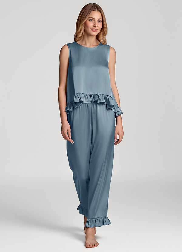 front Dusty Blue Ruffled Sleeveless Satin Pajama Set