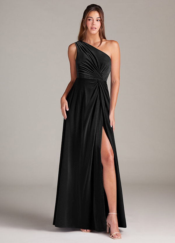 Azazie Brooke Brautjungfernkleider A-Linie One-Shoulder Samt Kleid Schwarz image1