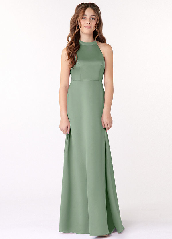 Azazie Laurel Junior Matcha A-Line Stretch Satin Dress image1