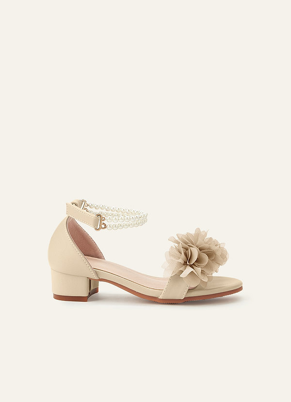 front Escarpins à talons carrés en mousseline 3D ornés de fleurs et de perles, avec bride cheville et bout ouvert, pour petites et grandes filles