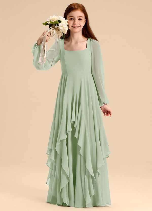 Azazie Clara Junior Abito A-Line in Chiffon Blusa Verde Salvia image1