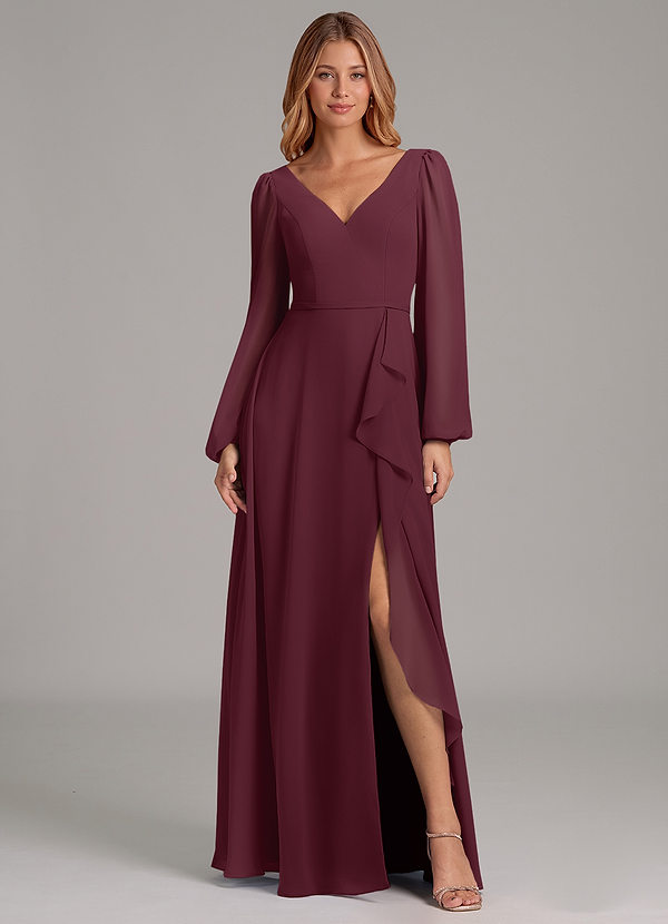 Azazie Simone Abiti da Damigella Abito A-Line in Chiffon Manica Lunga Cabernet image1