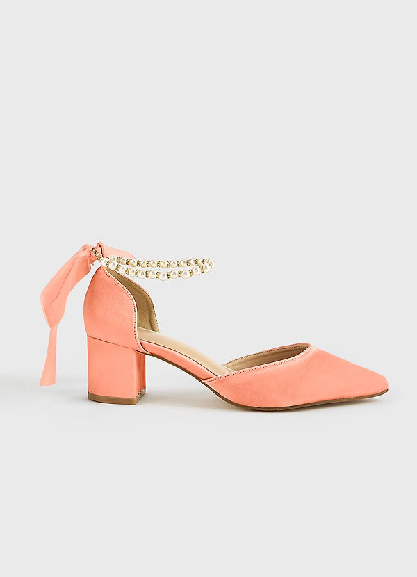front Matching Color Matte Satin Pearl and Bow Pointed Toe Block Heels